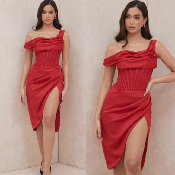 House of CB Dresses & Skirts - House of CB “Lulu” Red Asymmetric Drape Midi Corset Dress NWOT size XS